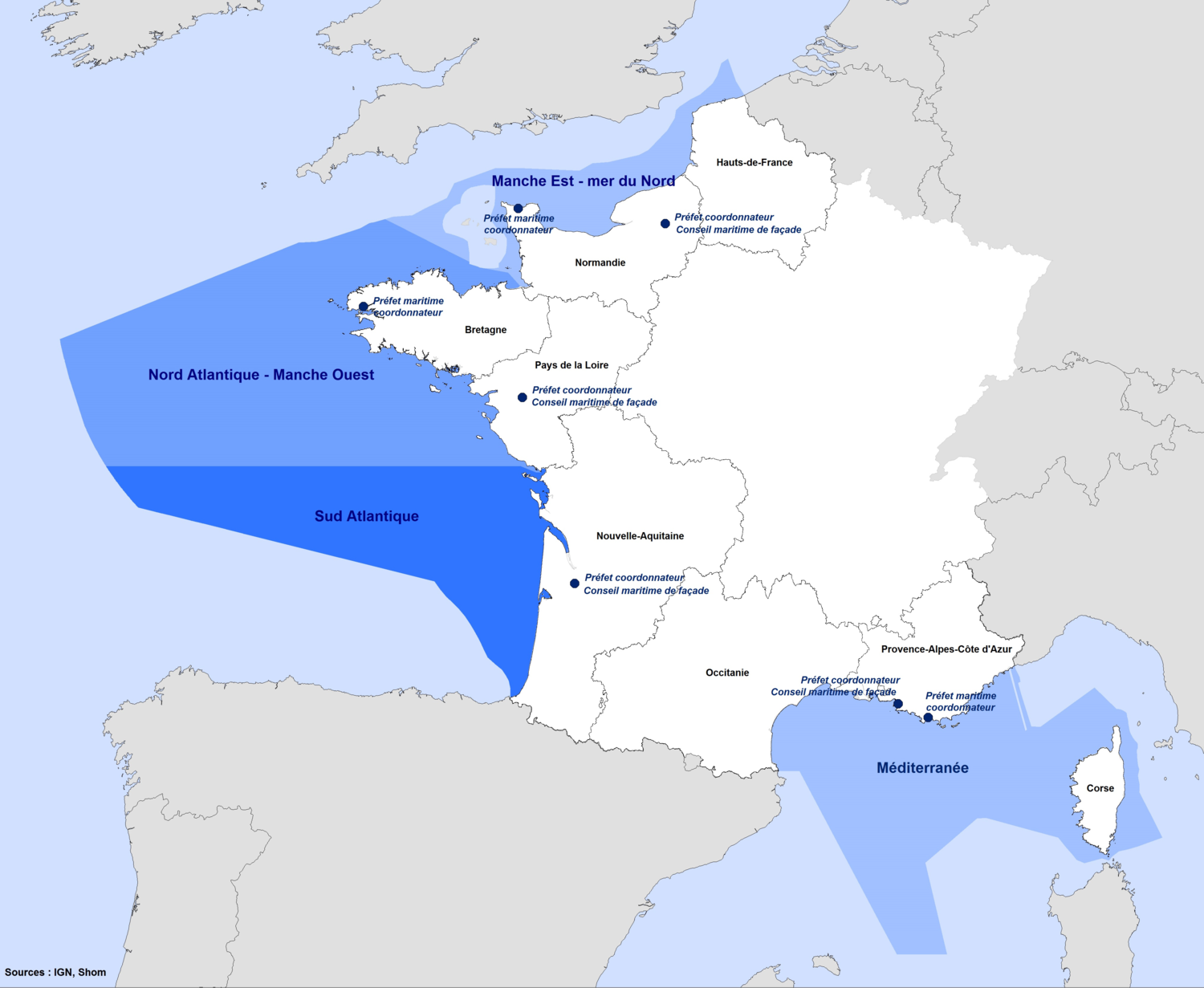 Délimitation des eaux des façades maritimes et des sous-régions marines de France métropolitaine © IGN - Shom